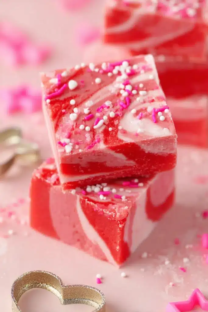 Valentine strawberry fudge with pink and red swirls topped with sprinkles