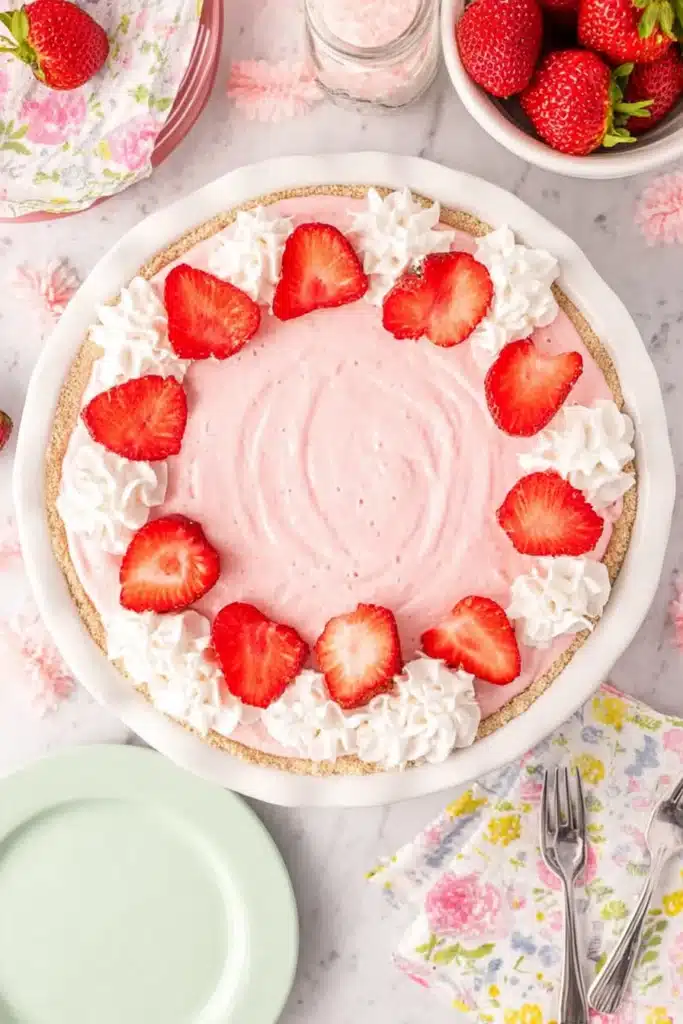 Strawberry Jello Cream Pie topped with whipped cream and fresh strawberries