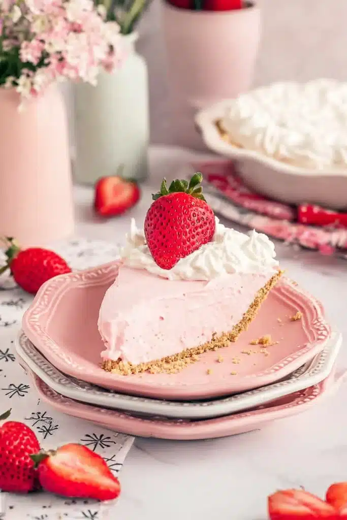 Slice of Strawberry Jello Cream Pie with whipped cream and fresh strawberry on a pink plate