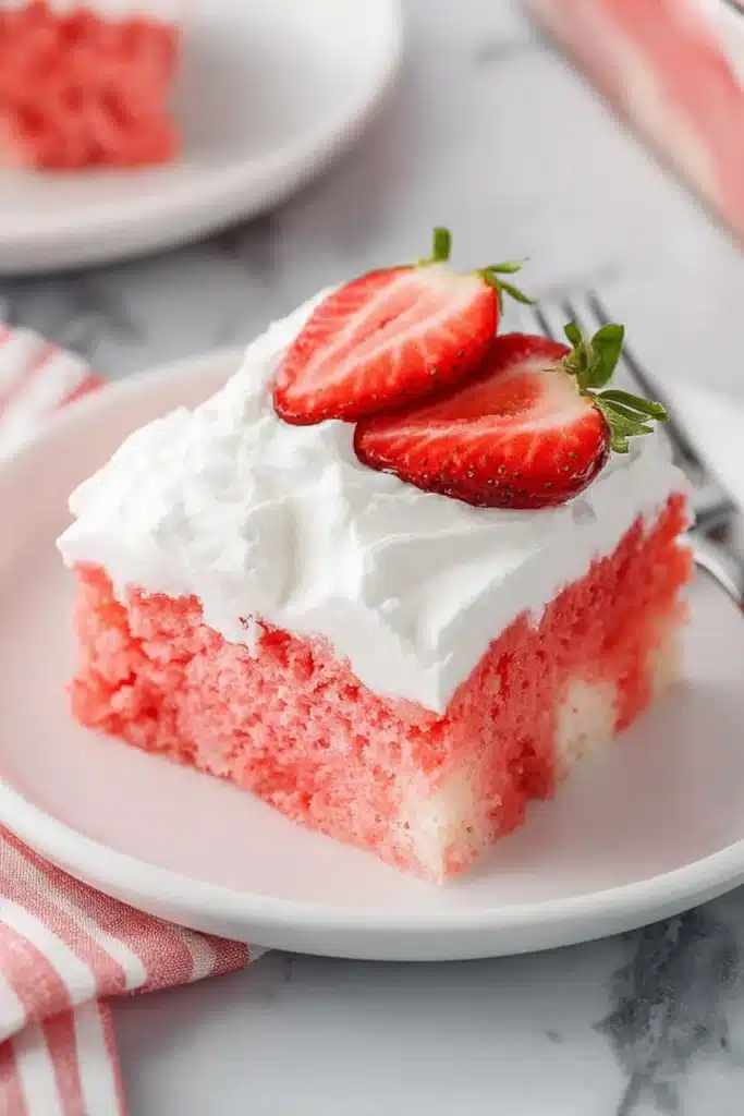 Strawberry Jello Poke Cake | Easy, Moist, and Refreshing Dessert 1 Moist strawberry Jello poke cake slice with whipped topping and fresh strawberries