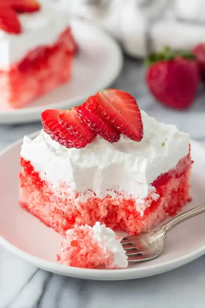 Strawberry Jello Poke Cake | Easy, Moist, and Refreshing Dessert 4 Slice of strawberry Jello poke cake with whipped topping and fresh strawberries