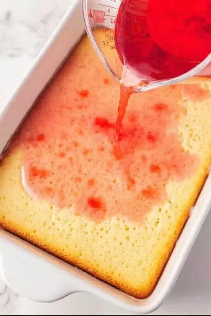 Strawberry Jello Poke Cake | Easy, Moist, and Refreshing Dessert 2 Pouring strawberry Jello over poke cake in white baking dish