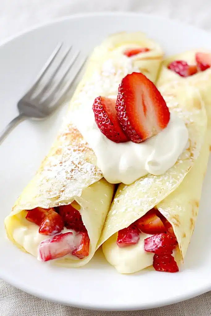 Strawberry & Lemon Cream Crepes 2 Strawberry & Lemon Cream Crepes filled with fresh strawberries and whipped cream on a white plate