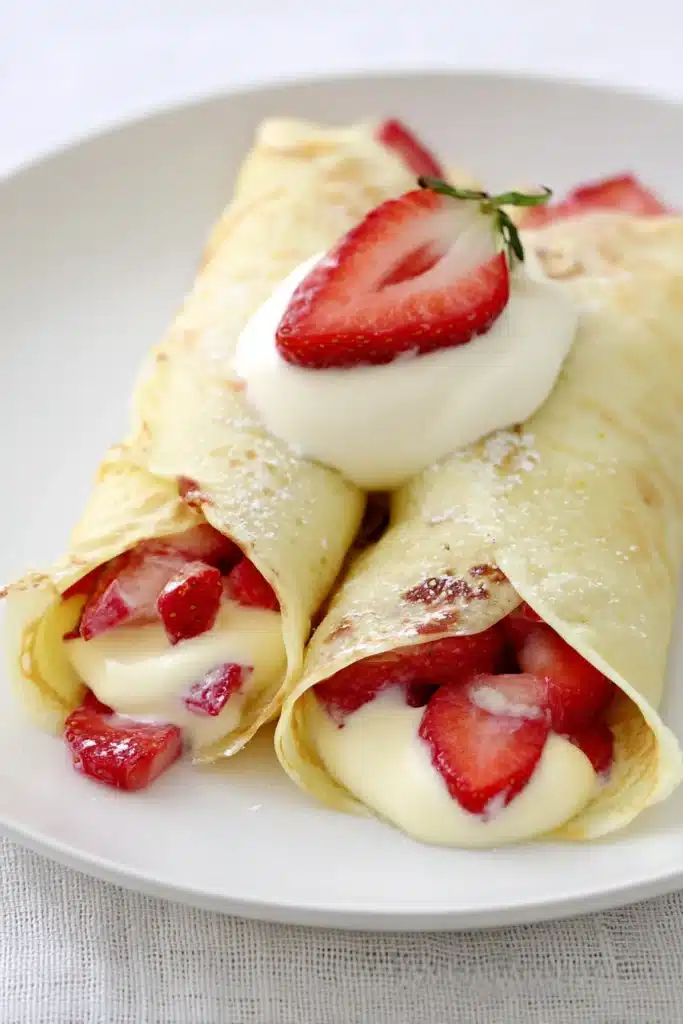 Strawberry & Lemon Cream Crepes 1 Strawberry and lemon cream crepes with fresh strawberries and whipped cream on a white plate