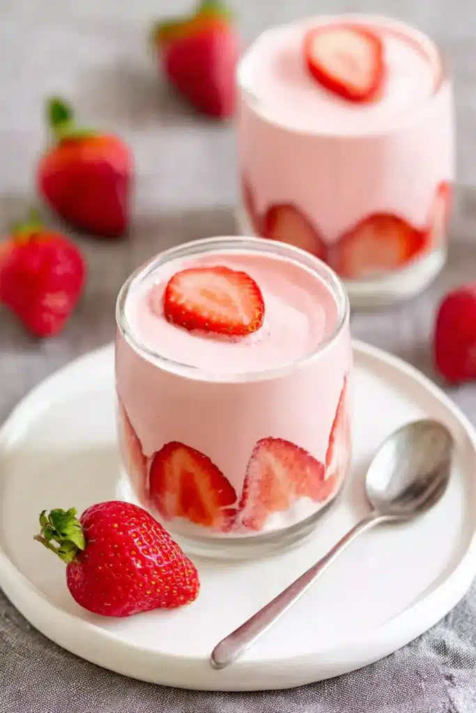 Strawberry Mousse Recipe 3 Glass cups of strawberry mousse with fresh strawberries on a white plate