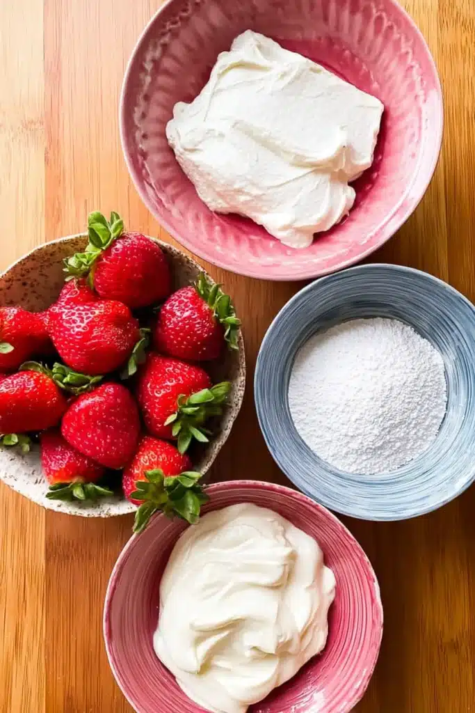 Strawberry Mousse Recipe 2 Bowls of strawberry mousse ingredients including strawberries, cream cheese, and powdered sugar