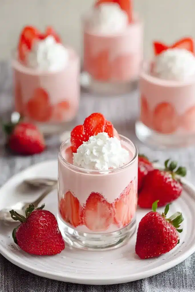 Strawberry Mousse Recipe 1 Strawberry mousse in glass cups with whipped cream and fresh strawberries