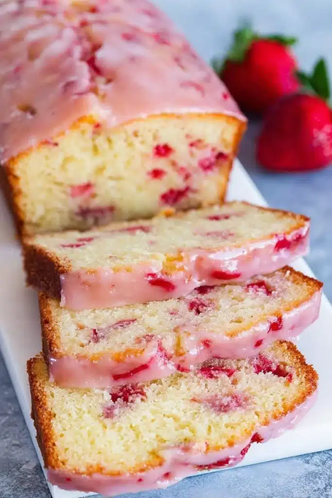 Strawberry Pound Cake 1 Moist strawberry pound cake slices with pink glaze and fresh strawberries