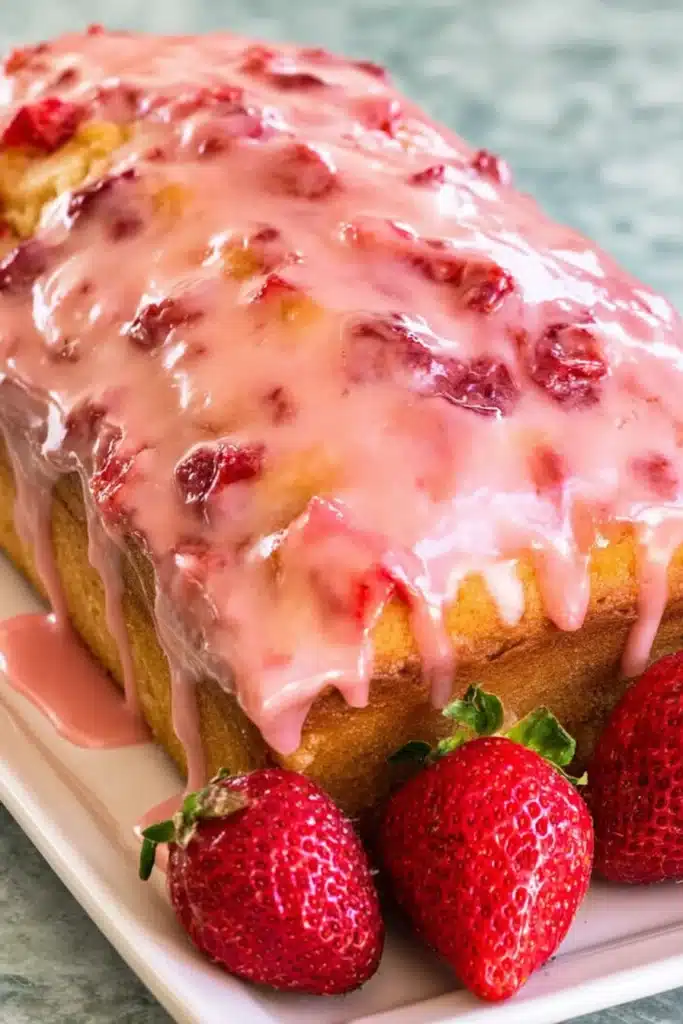 Strawberry Pound Cake 2 Strawberry Pound Cake loaf with glossy strawberry glaze and fresh berries