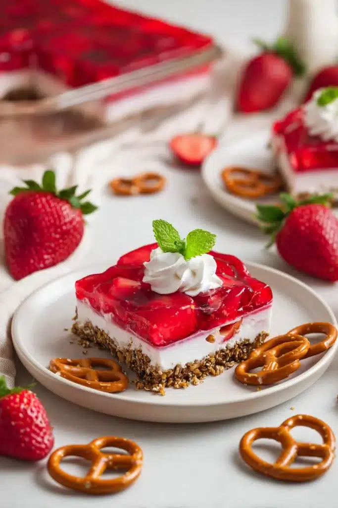 Strawberry pretzel dessert slice with creamy layers, crunchy pretzel crust, and glossy strawberry topping