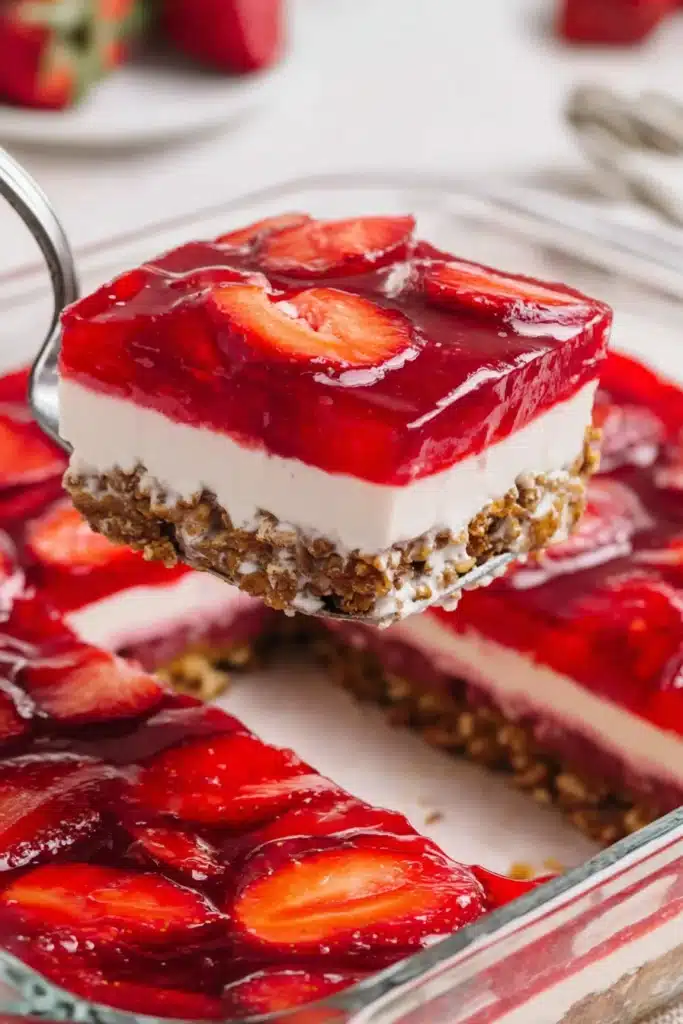 Strawberry Pretzel dessert slice showing creamy layers and crunchy pretzel crust