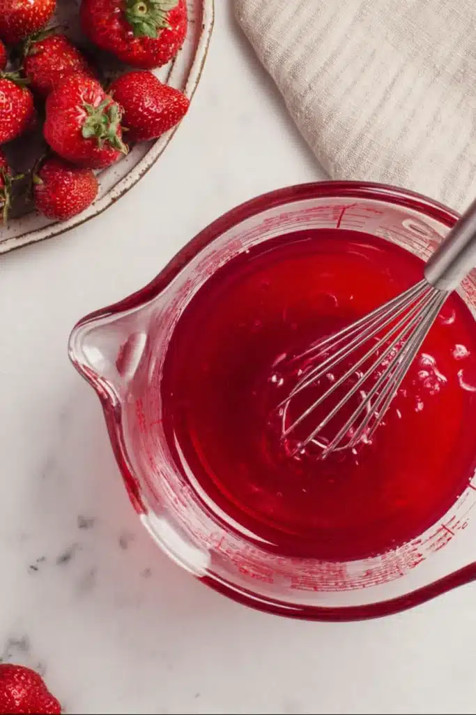 Strawberry Pretzel gelatin mixture being whisked in glass measuring jug
