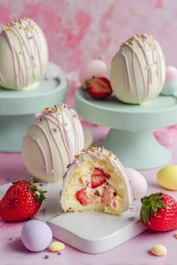Strawberry Shortcake Easter Egg Bombs 1 Strawberry shortcake Easter egg bombs with white chocolate shell and strawberry cream filling