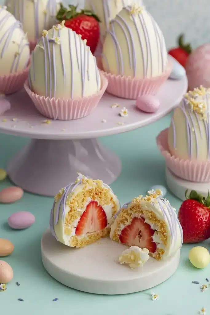 Strawberry Shortcake Easter Egg Bombs 2 Strawberry Shortcake Easter Egg Bombs with strawberry filling and white chocolate shell