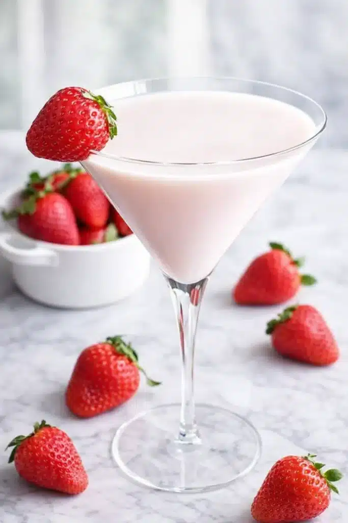 Creamy strawberry shortcake martini in glass with fresh strawberry garnish