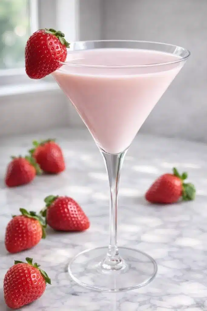 Creamy strawberry shortcake martini in glass with fresh strawberry garnish