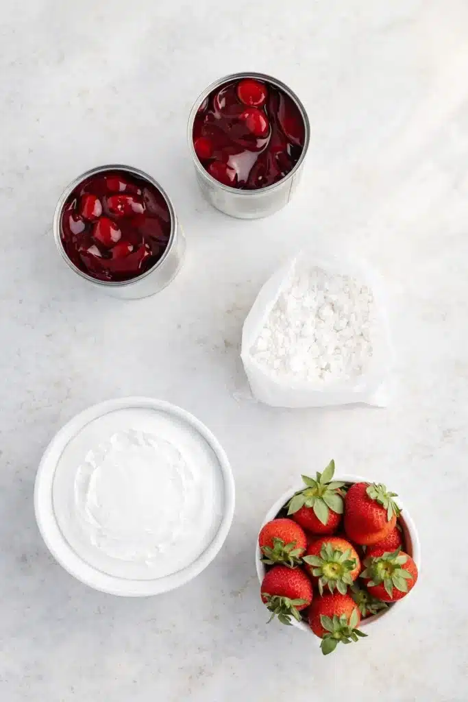 Strawberry Shortcake Poke Cake ingredients including pie filling and cake mix