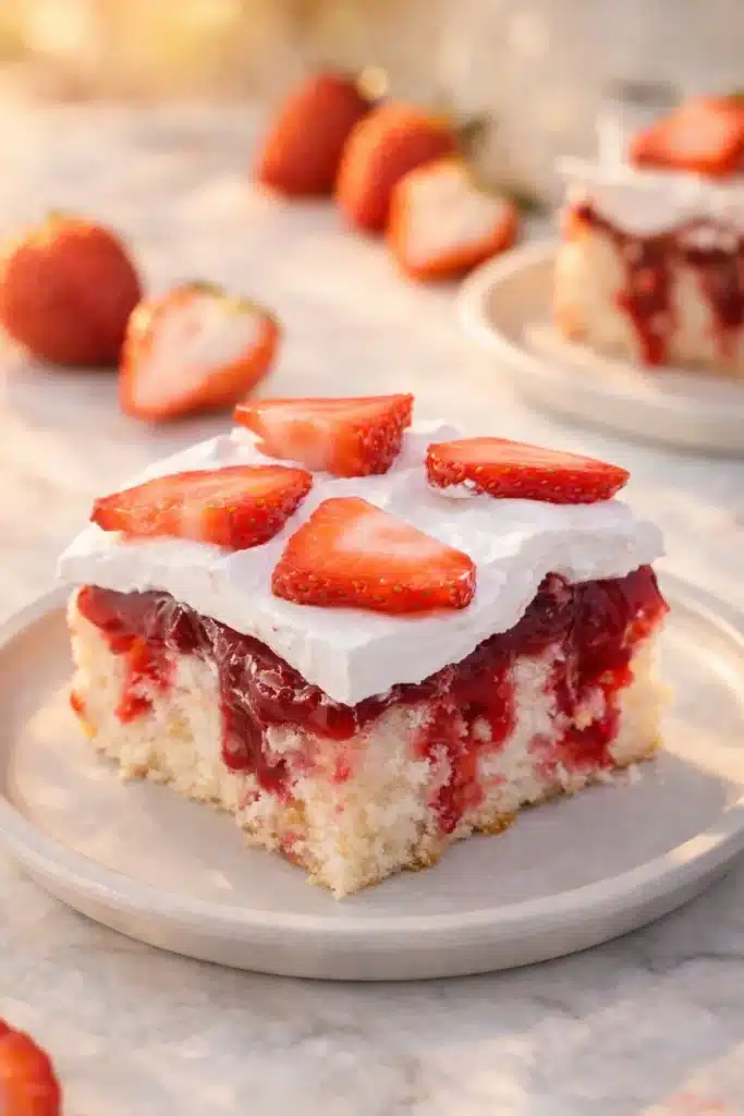 Strawberry shortcake poke cake slice with whipped cream and fresh strawberries