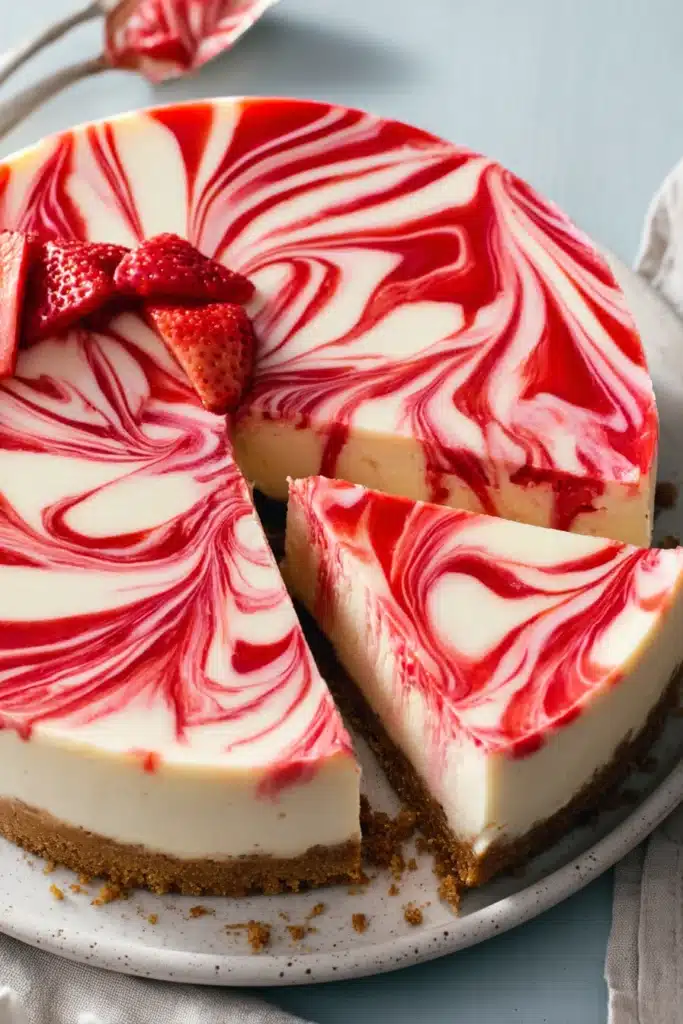Strawberry Swirl Cheesecake: A Simple and Stunning Dessert 2 Overhead view of strawberry swirl cheesecake with red marbled pattern and golden crust