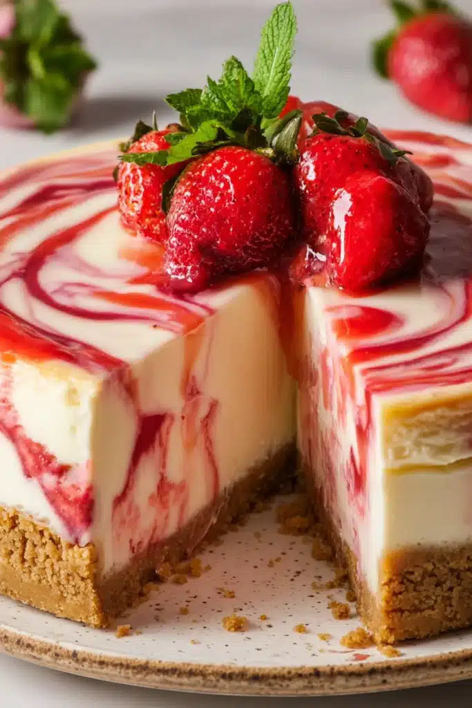 Strawberry Swirl Cheesecake: A Simple and Stunning Dessert 1 Strawberry swirl cheesecake with fresh strawberries and golden crust on white plate