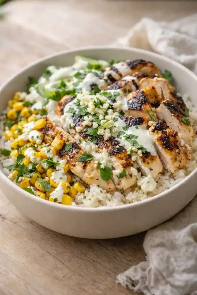 Street Corn Chicken Rice Bowl Recipe 1 Street Corn Chicken Rice Bowl with grilled chicken, rice, charred corn and creamy lime sauce