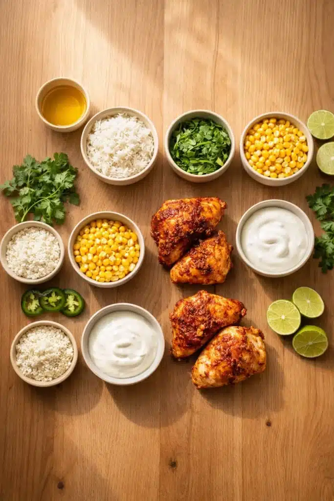 Street Corn Chicken Rice Bowl Recipe 2 Street Corn Chicken Rice Bowl ingredients with chicken, rice, corn and lime
