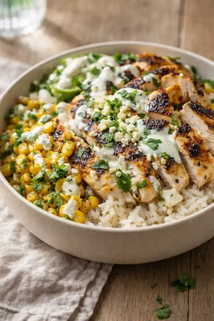 Street Corn Chicken Rice Bowl Recipe 3 Street Corn Chicken Rice Bowl with grilled chicken, rice, charred corn and creamy lime sauce