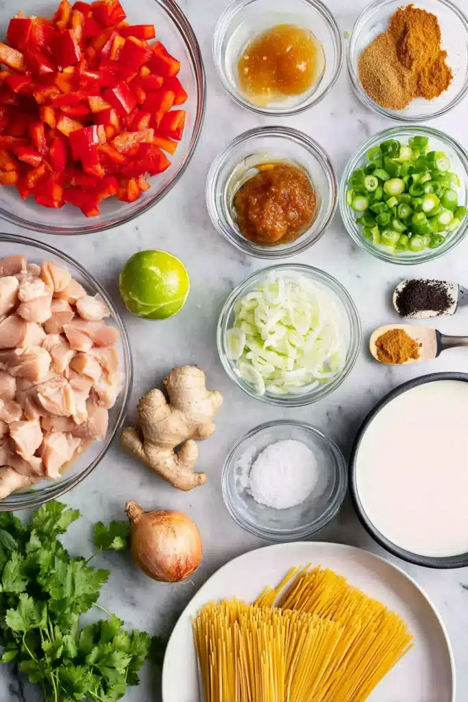 Fresh ingredients for Thai Red Curry Noodle Soup arranged on a marble surface