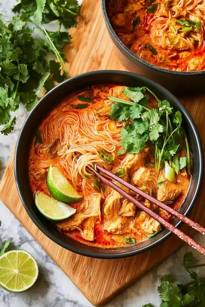 Thai red curry noodle soup with chicken, cilantro, and lime in a black bowl