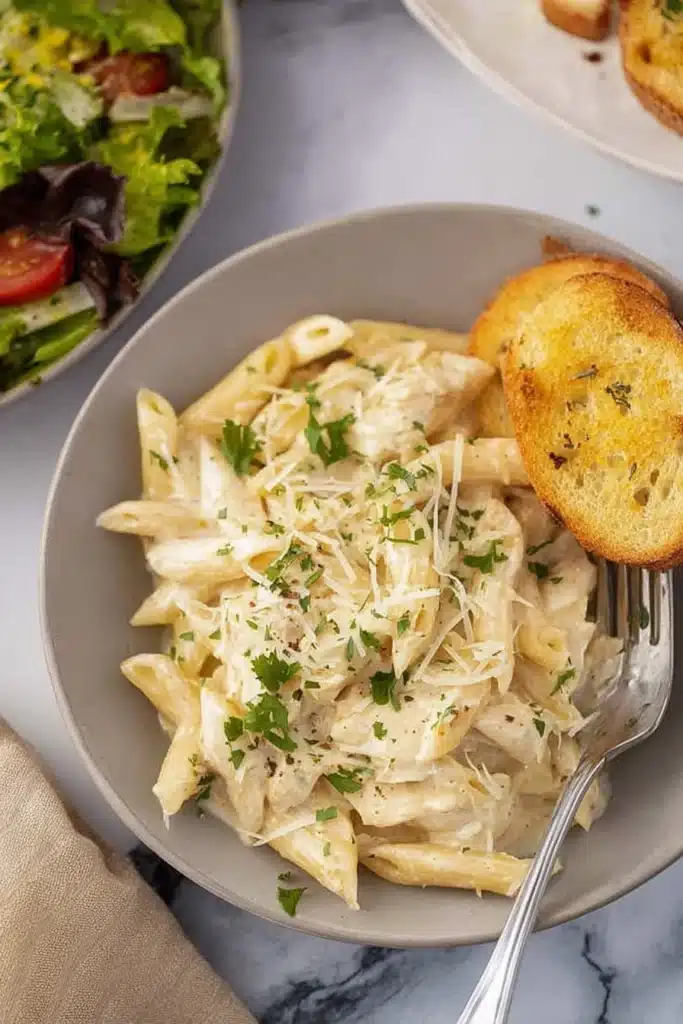 The BEST Chicken Alfredo Slow Cooker Recipe 1 Creamy chicken Alfredo penne pasta with parmesan and garlic toast on rustic table