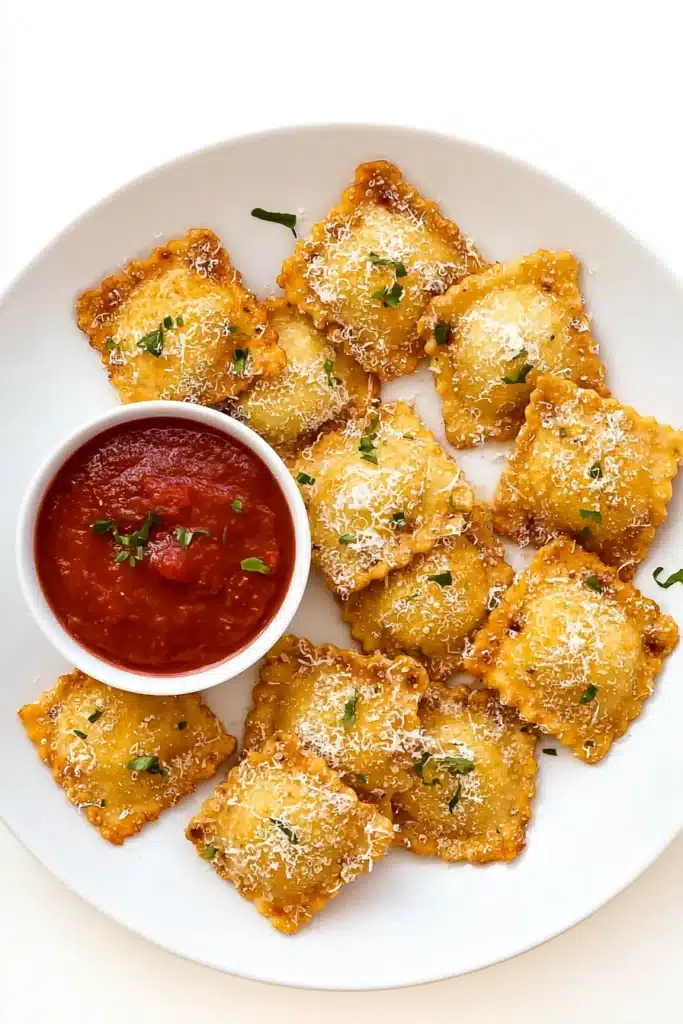 Crispy toasted ravioli with marinara sauce on white plate