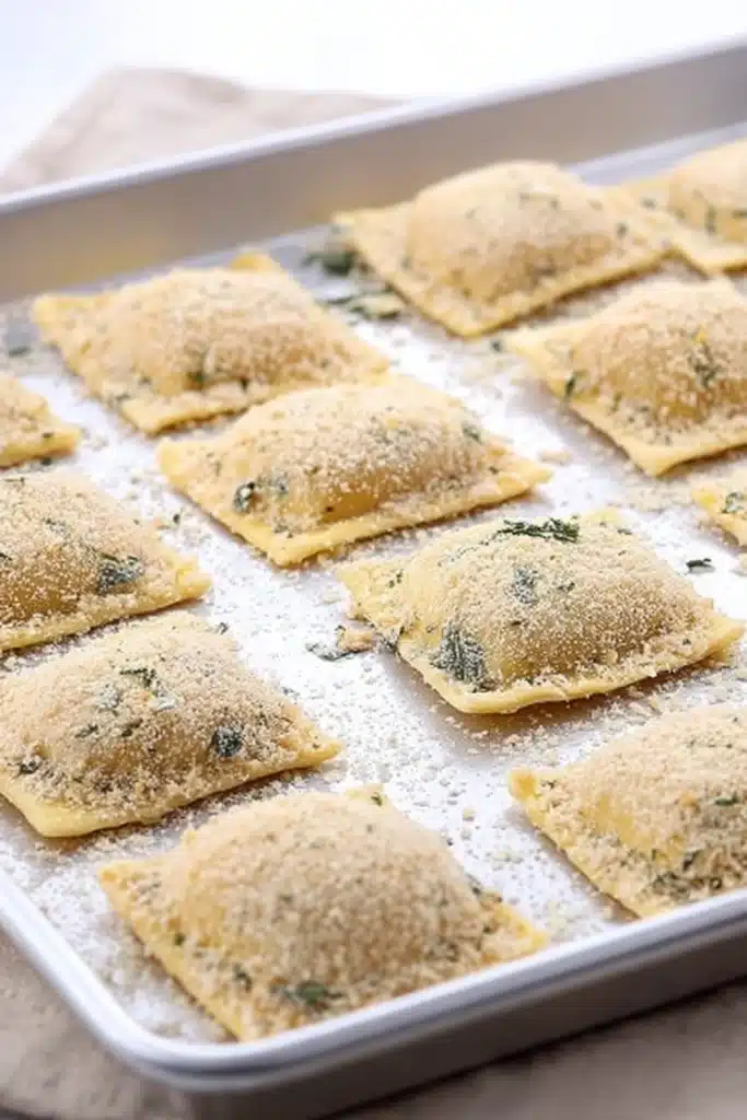 Breaded ravioli on baking tray ready to cook