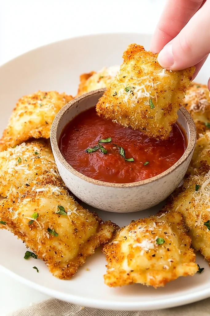 Crispy toasted ravioli dipped in marinara sauce on white plate