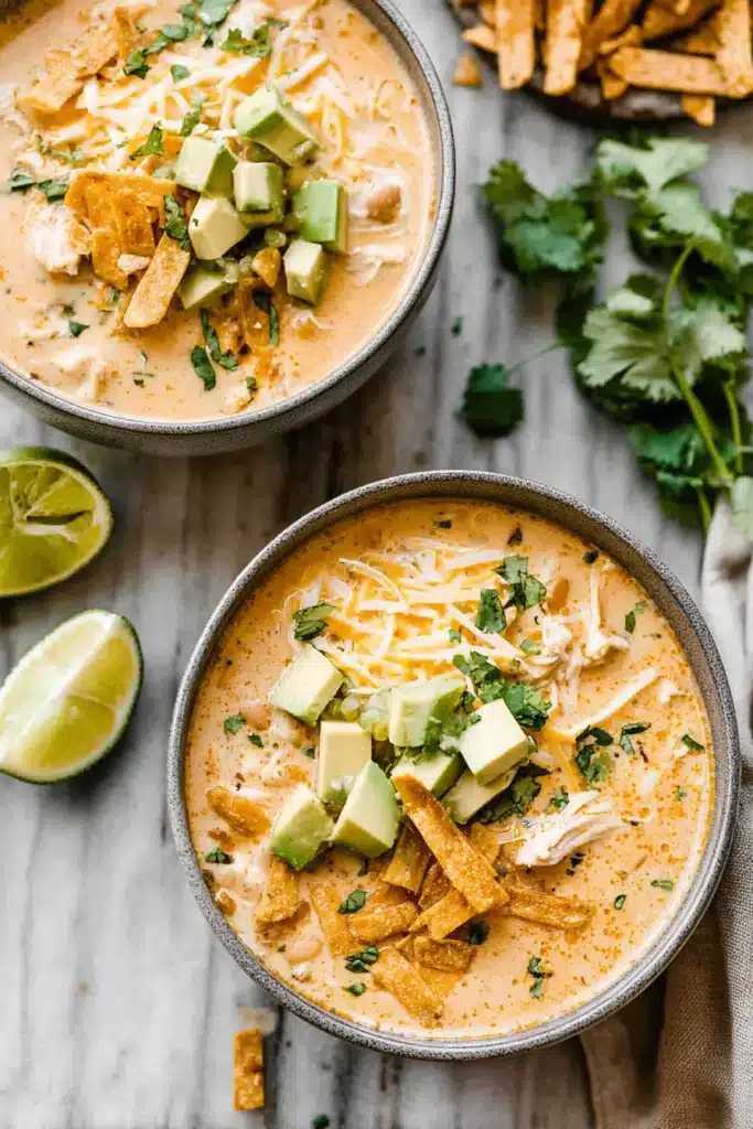 White Chicken Chili (High-Protein Comfort in a Bowl) 1 Creamy white chicken chili with avocado, cheese, and tortilla strips in bowls on a marble surface