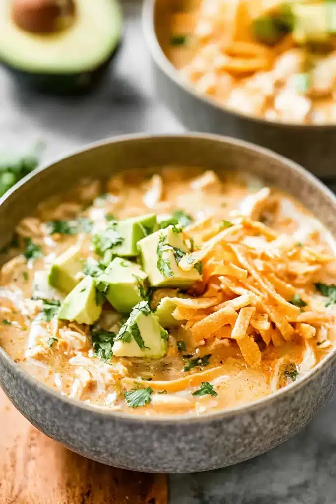 White Chicken Chili (High-Protein Comfort in a Bowl) 3 White chicken chili with avocado, cheese, cilantro, and tortilla strips in a bowl