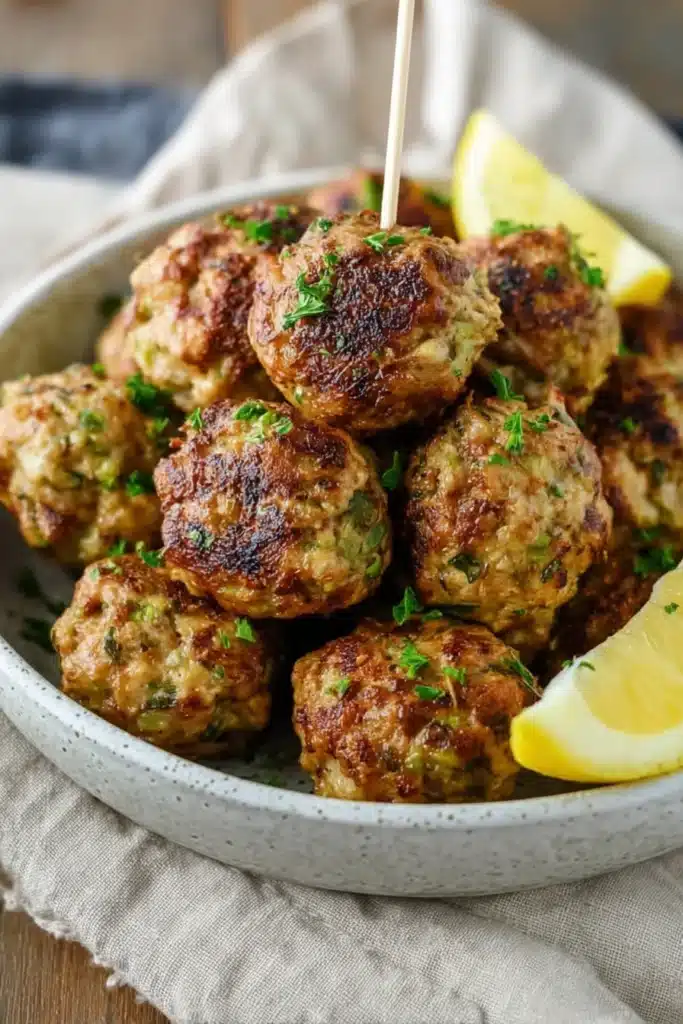 Whole30 air fryer chicken meatballs in a ceramic bowl with parsley and lemon wedges