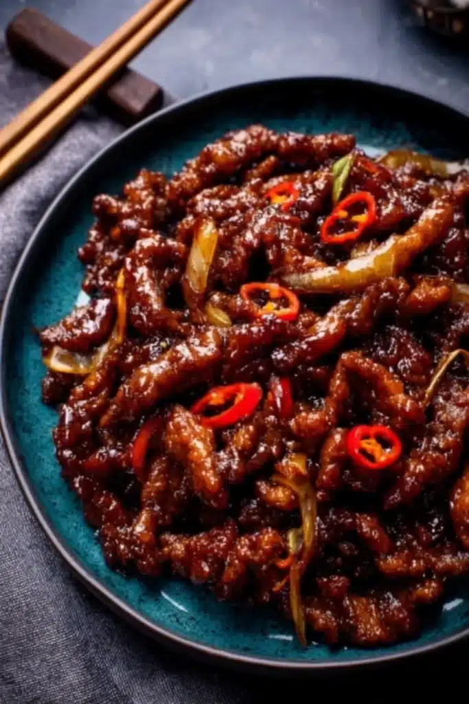 Crispy Chilli Beef Recipe 1 Crispy chilli beef on blue plate with glossy sweet-spicy sauce and red chillies
