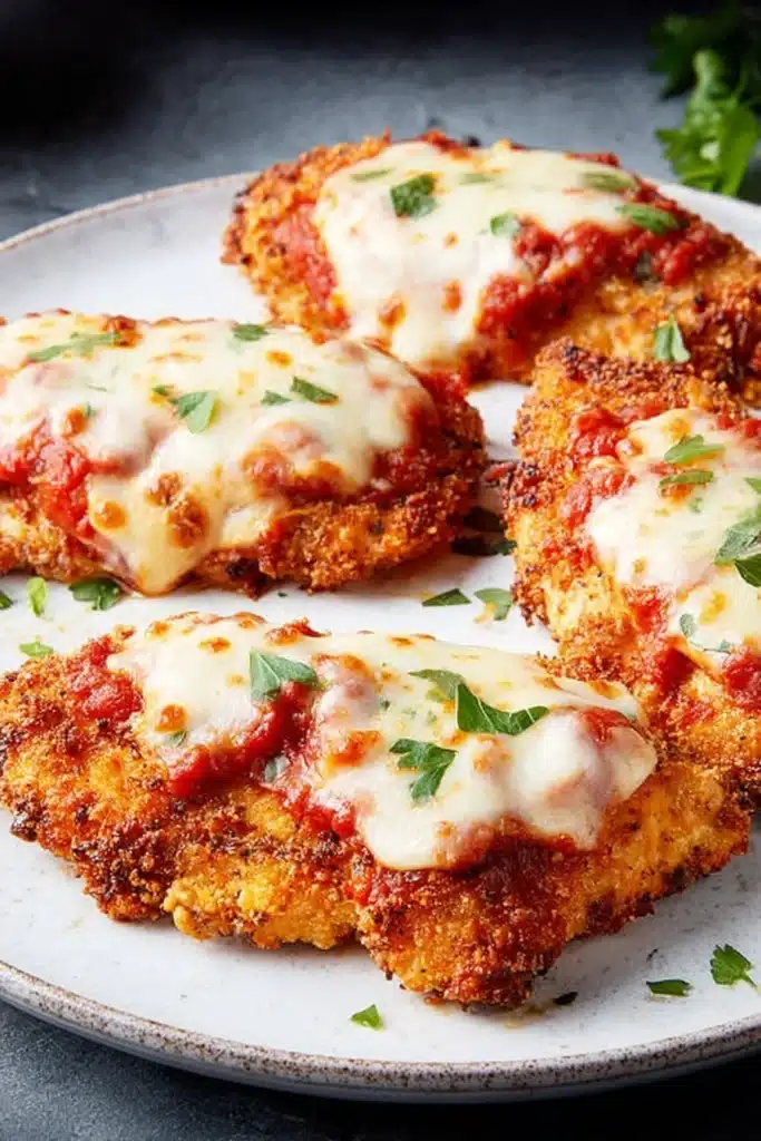 Air Fryer Chicken Parmesan 1 Crispy air fryer chicken parmesan with marinara sauce and melted mozzarella cheese