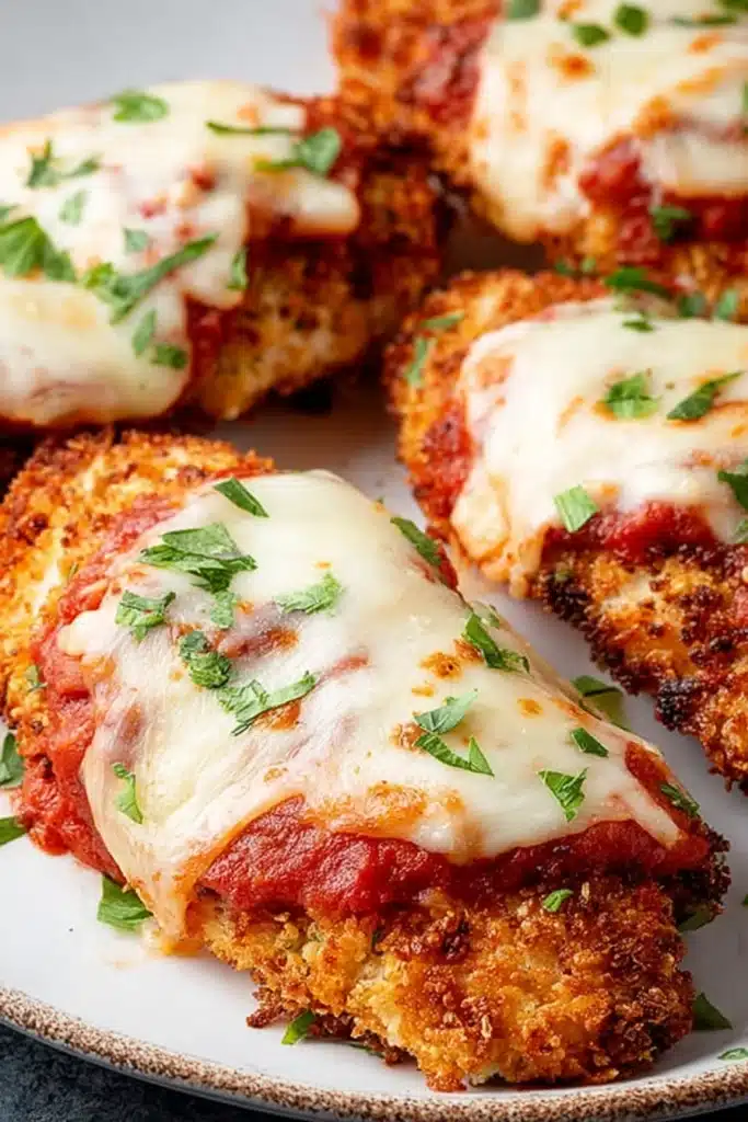 Air Fryer Chicken Parmesan 3 Crispy Air Fryer Chicken Parmesan with melted mozzarella and marinara sauce