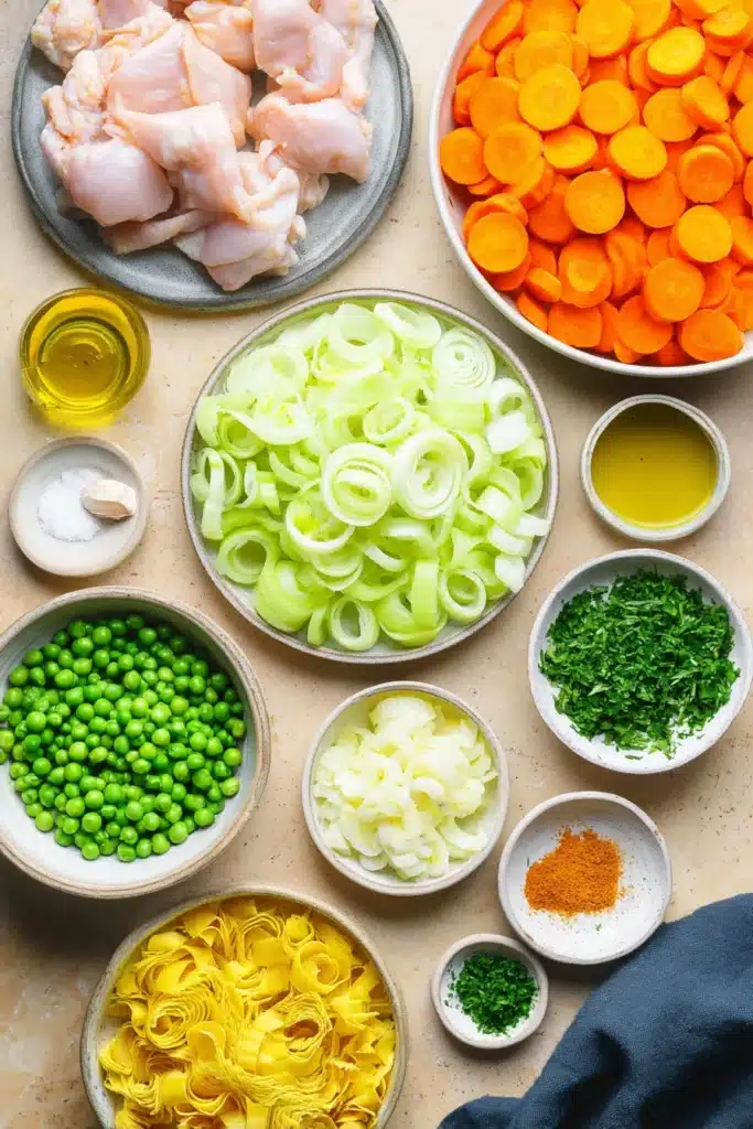 Anti Inflammatory Turmeric Chicken Soup 2 Anti Inflammatory Turmeric Chicken Soup ingredients with carrots, celery, leeks, peas and raw chicken