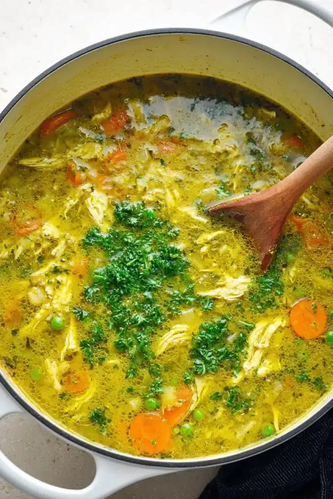 Anti Inflammatory Turmeric Chicken Soup 3 Anti Inflammatory Turmeric Chicken Soup simmering in pot with shredded chicken and vegetables