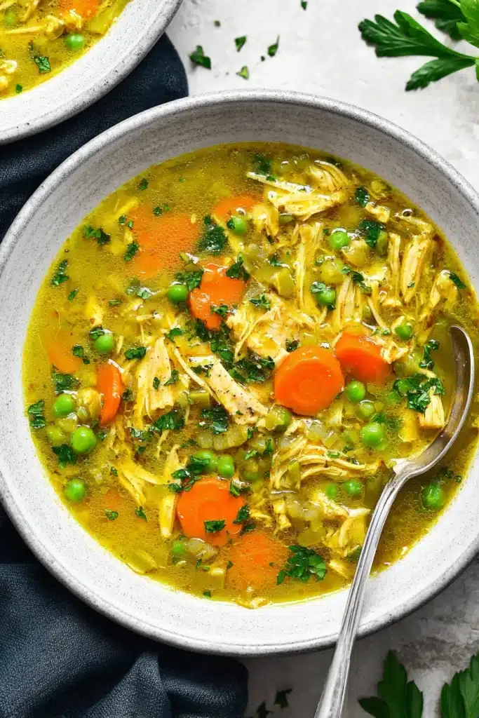 Anti Inflammatory Turmeric Chicken Soup 4 Anti Inflammatory Turmeric Chicken Soup with shredded chicken, carrots and peas in golden broth