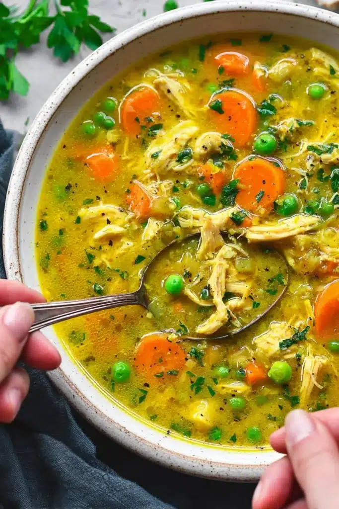 Anti Inflammatory Turmeric Chicken Soup 1 Anti inflammatory turmeric chicken soup with shredded chicken, carrots, peas, and golden broth