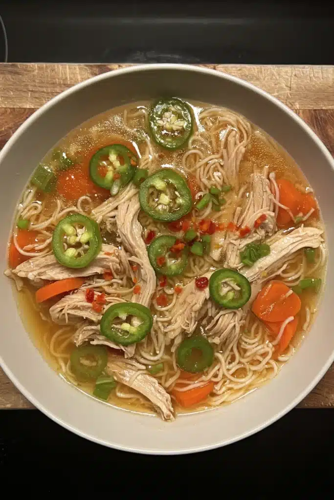 Aromatic Ginger Scallion Chicken Noodle Soup Recipe 1 Aromatic ginger scallion chicken noodle soup with shredded chicken and chili drizzle