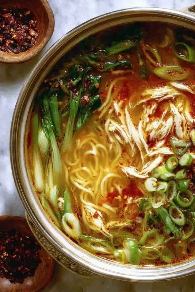 Aromatic Ginger Scallion Chicken Noodle Soup Recipe 2 Aromatic ginger scallion chicken noodle soup with chili oil and scallions