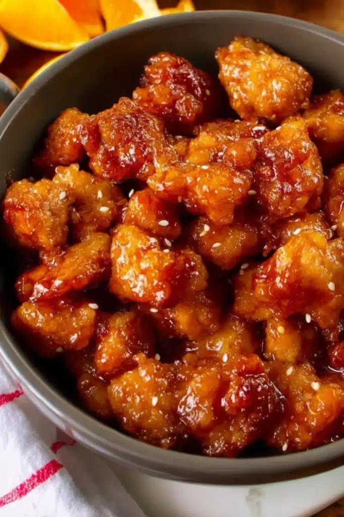 Crispy baked orange chicken with glossy citrus glaze in ceramic bowl