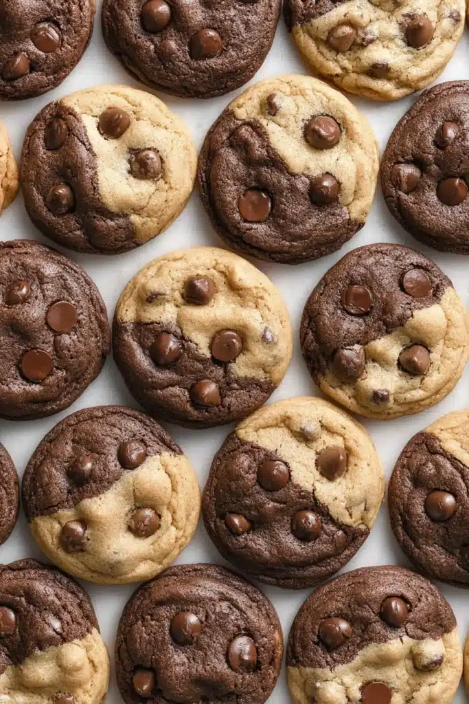 Brookies Cookies Recipe: Soft, Chewy, and Fudgy Delight 1 Brookies cookies with brownie and chocolate chip halves on marble surface