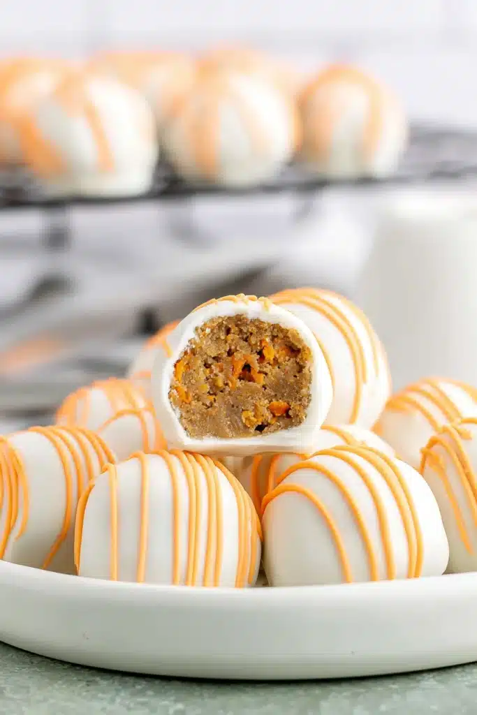 Carrot Cake Cheesecake Bites for a Sweet Easter Treat 1 Carrot cake cheesecake bites with white chocolate coating and orange drizzle on plate