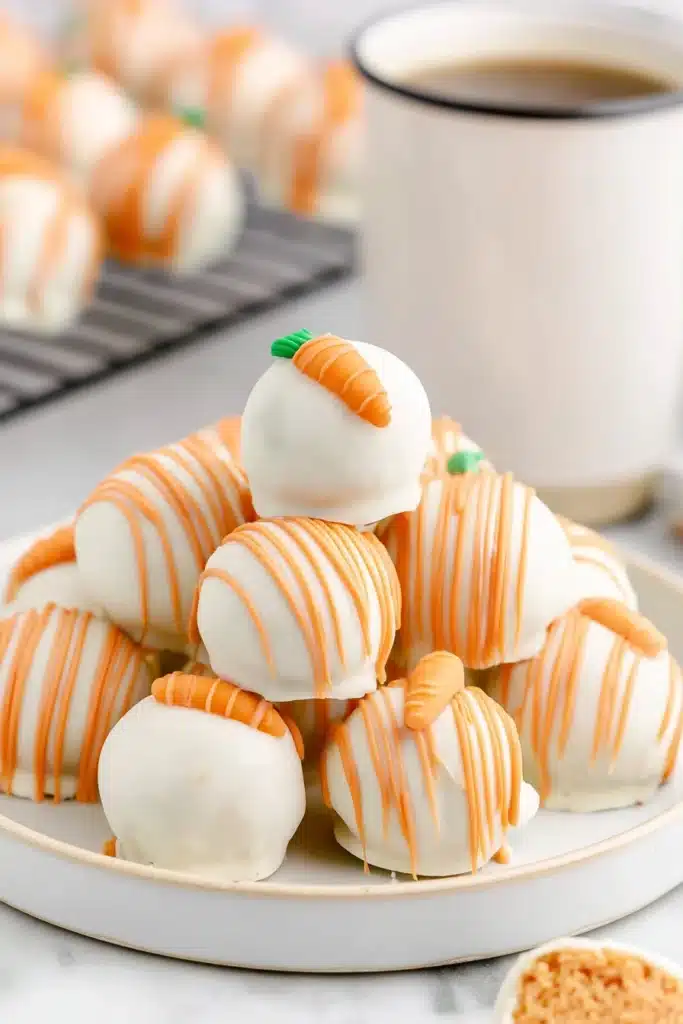 Carrot Cake Cheesecake Bites for a Sweet Easter Treat 2 Carrot Cake Cheesecake Bites with white chocolate and orange drizzle