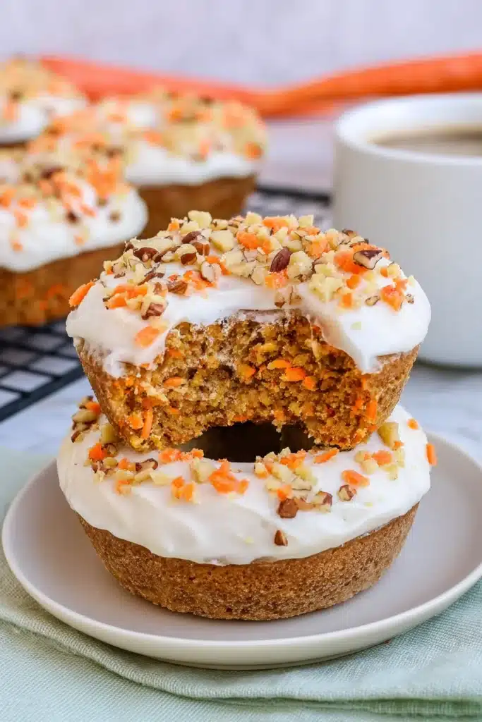 Carrot Cake Donuts with cream cheese frosting and a bite showing moist carrot cake texture